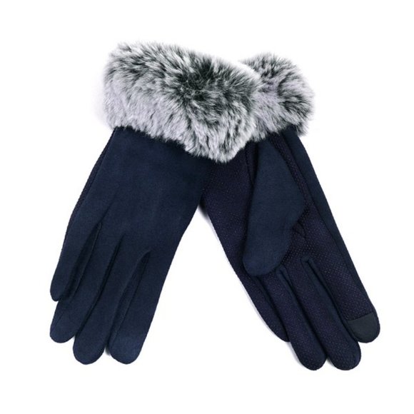 L/XL Women's Faux Fur Trim Touch Screen Gloves - Picture 2 of 3
